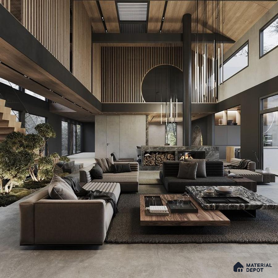 a living room filled with lots of furniture and a large windows in the center of the ceiling fan next to a kitchen and wooden floor in front of a dining room with lots of a window sill of